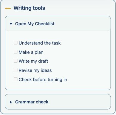 Coach writing tools with a five-step checklist, from understanding the task to checking before turning in.