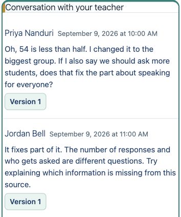 Priya asks whether collecting more survey responses fixes her argument. Her teacher distinguishes the number of responses from who was asked.