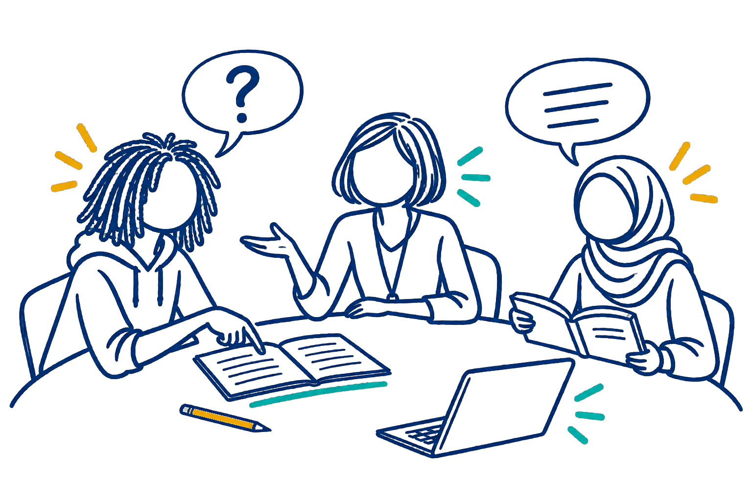 A teacher and two students listen, explain, and discuss a piece of writing together.