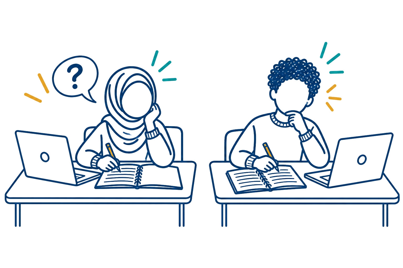 Students consider a question beside their laptops and write in their own notebooks.