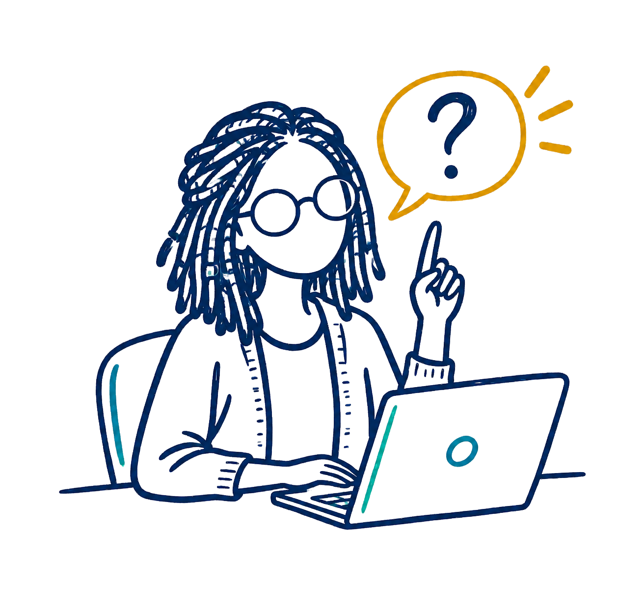 A teacher with a laptop considering a question