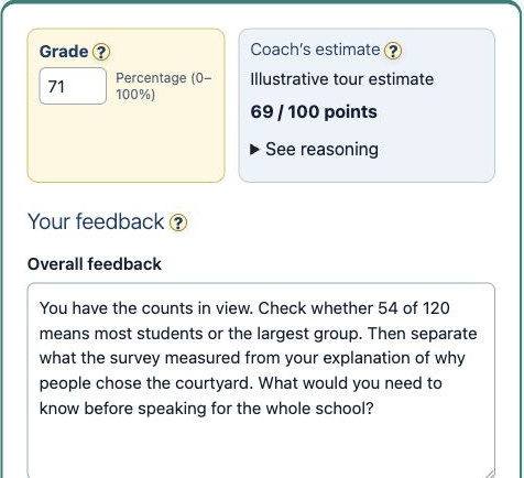 A teacher’s grade and written feedback beside a separate illustrative Coach estimate.